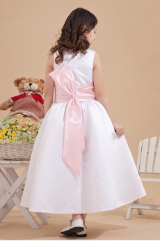 Satin Jewel Neckline Ankle-Length Ball Gown Dress with Bow