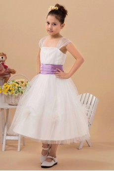 Organza Straps Neckline Tea-Length A-line Dress with Cap-Sleeves