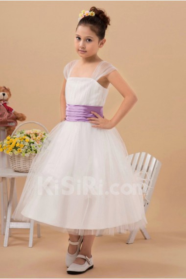 Organza Straps Neckline Tea-Length A-line Dress with Cap-Sleeves