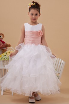 Organza Jewel Neckline Ankle-Length Ball Gown Dress with Hand-made Flower