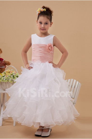 Organza Jewel Neckline Ankle-Length Ball Gown Dress with Hand-made Flower