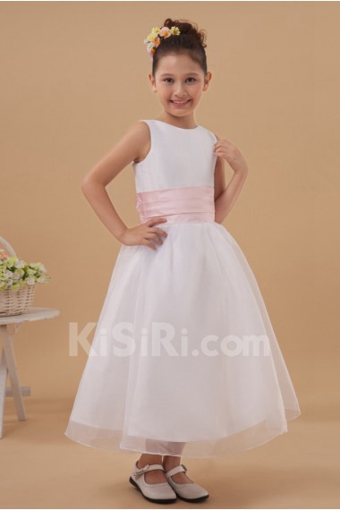 Satin and Organza Jewel Neckline Tea-Length A-line Dress