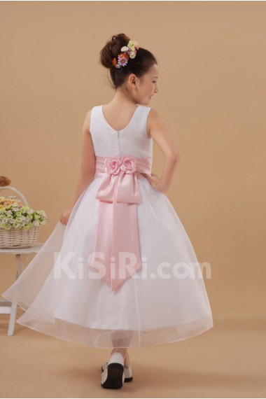 Satin and Organza Jewel Neckline Tea-Length A-line Dress