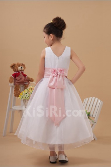 Satin and Organza Jewel Neckline Tea-Length A-line Dress