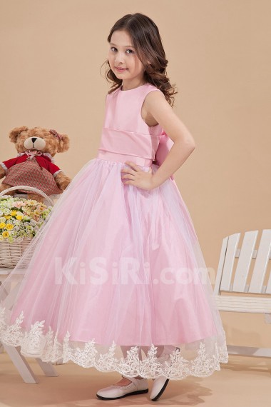 Satin and Mesh Jewel Neckline Ankle-Length Ball Gown Dress