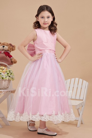 Satin and Mesh Jewel Neckline Ankle-Length Ball Gown Dress