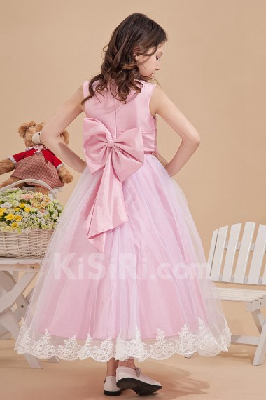 Satin and Mesh Jewel Neckline Ankle-Length Ball Gown Dress