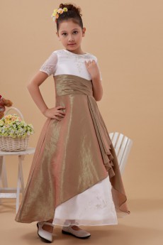 Taffeta and Organza Jewel Neckline Ankle-Length A-Line Dress with Short Sleeves