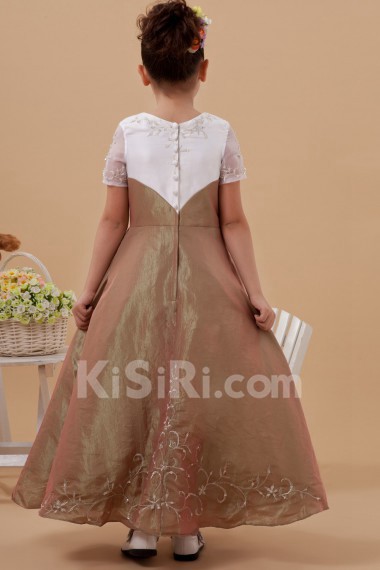 Taffeta and Organza Jewel Neckline Ankle-Length A-Line Dress with Short Sleeves