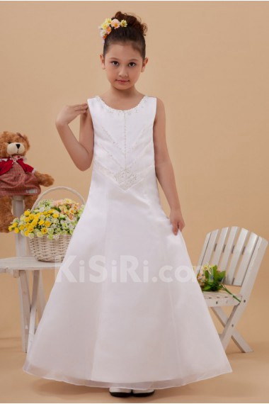 Satin and Organza Jewel Neckline Ankle-Length A-Line Dress with Embroidery 