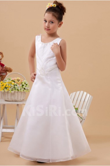 Satin and Organza Jewel Neckline Ankle-Length A-Line Dress with Embroidery 