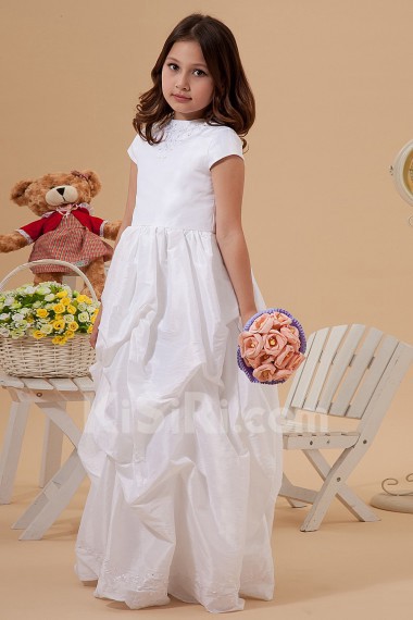 Taffeta Bateau Neckline Floor Length Beach Dress with Embroidery and Cap-Sleeves