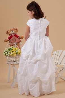 Taffeta Bateau Neckline Floor Length Beach Dress with Embroidery and Cap-Sleeves