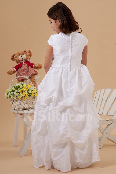 Taffeta Bateau Neckline Floor Length Beach Dress with Embroidery and Cap-Sleeves