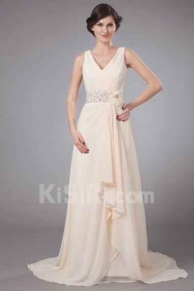 Chiffon V-Neckline A-Line Dress with Embroidery and Flower