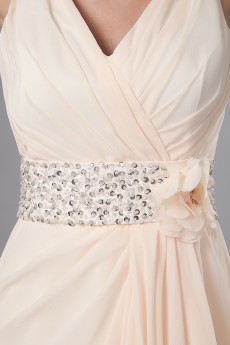 Chiffon V-Neckline A-Line Dress with Embroidery and Flower