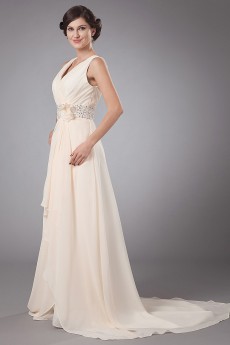 Chiffon V-Neckline A-Line Dress with Embroidery and Flower