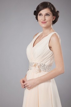 Chiffon V-Neckline A-Line Dress with Embroidery and Flower