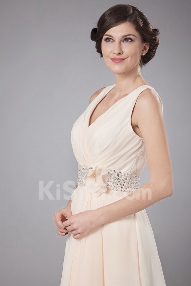 Chiffon V-Neckline A-Line Dress with Embroidery and Flower