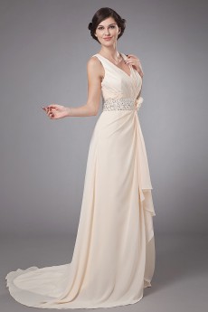 Chiffon V-Neckline A-Line Dress with Embroidery and Flower