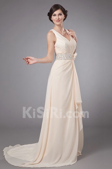 Chiffon V-Neckline A-Line Dress with Embroidery and Flower