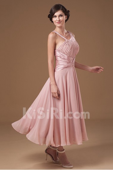 Chiffon Halter Neckline Tea-length Column Dress with Beaded and Ruffle