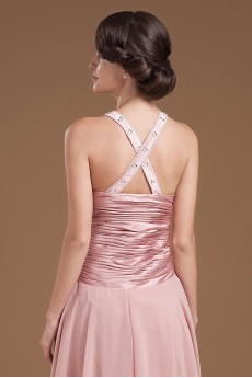 Chiffon Halter Neckline Tea-length Column Dress with Beaded and Ruffle