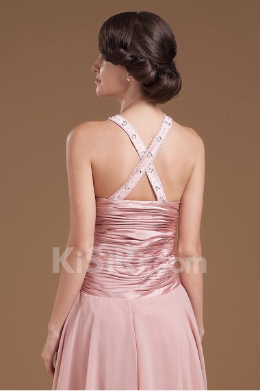 Chiffon Halter Neckline Tea-length Column Dress with Beaded and Ruffle