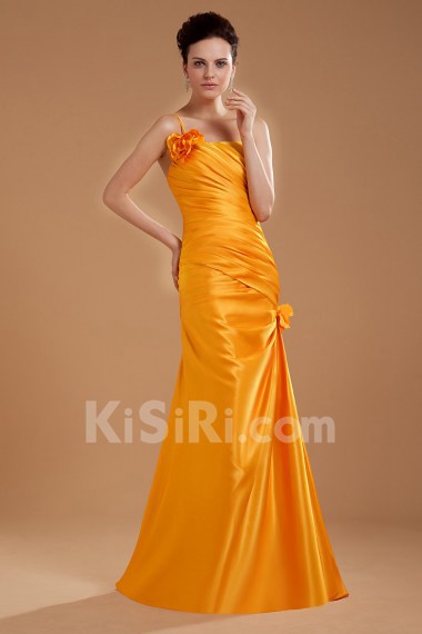 Taffeta One-Shoulder Floor Length Sheath Dress with Hand-made Flower