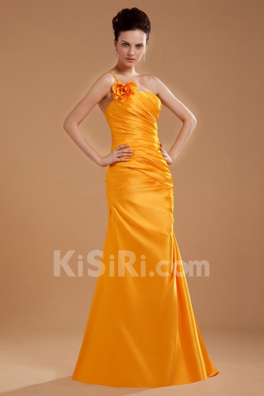 Taffeta One-Shoulder Floor Length Sheath Dress with Hand-made Flower