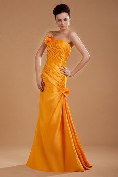 Taffeta One-Shoulder Floor Length Sheath Dress with Hand-made Flower