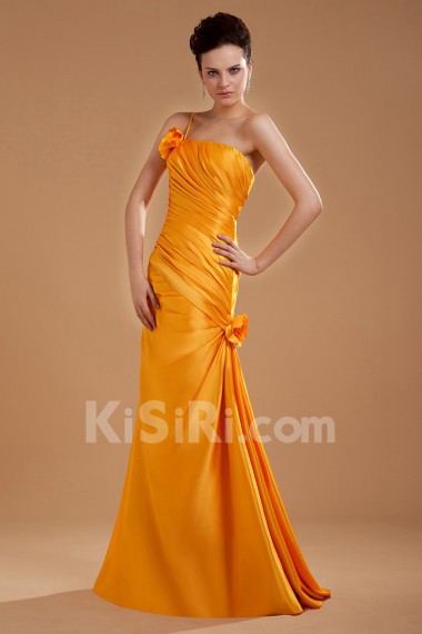 Taffeta One-Shoulder Floor Length Sheath Dress with Hand-made Flower