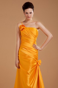 Taffeta One-Shoulder Floor Length Sheath Dress with Hand-made Flower