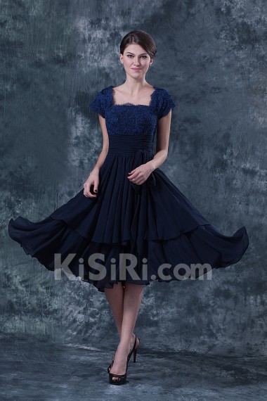 Chiffon and Lace Square Neckline Short Dress with Cap-Sleeves