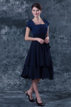 Chiffon and Lace Square Neckline Short Dress with Cap-Sleeves