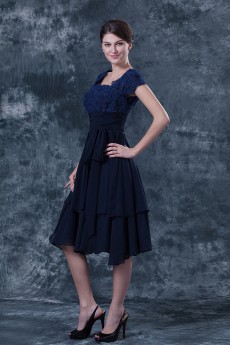 Chiffon and Lace Square Neckline Short Dress with Cap-Sleeves