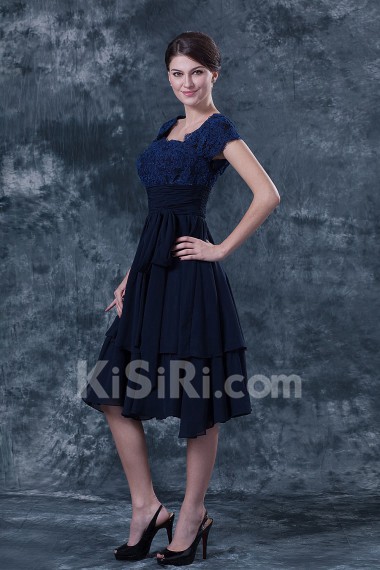 Chiffon and Lace Square Neckline Short Dress with Cap-Sleeves