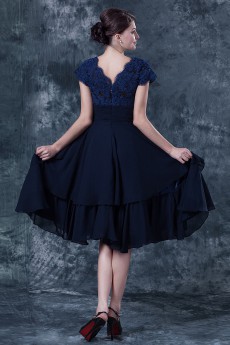 Chiffon and Lace Square Neckline Short Dress with Cap-Sleeves