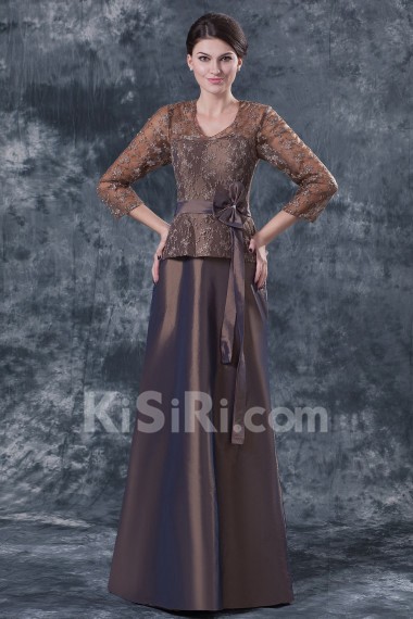 Taffeta and Lace V-Neckline Floor Length A-line Dress with Three-quarter Sleeves