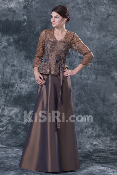 Taffeta and Lace V-Neckline Floor Length A-line Dress with Three-quarter Sleeves