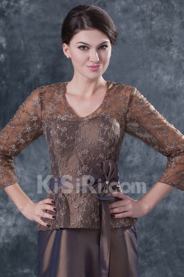 Taffeta and Lace V-Neckline Floor Length A-line Dress with Three-quarter Sleeves