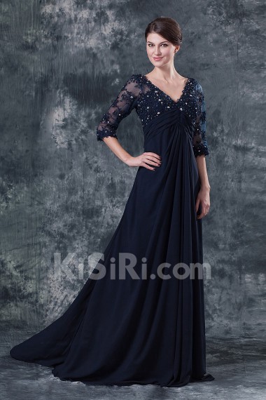 Chiffon V-Neckline Empire Dress with Three quarter Sleeves