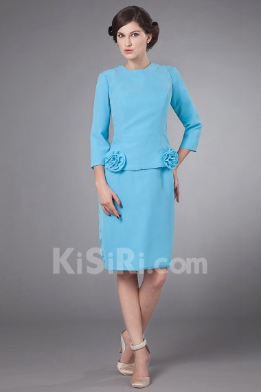 Chiffon Jewel Neckline Short Sheath Dress with Three-quarter Sleeves