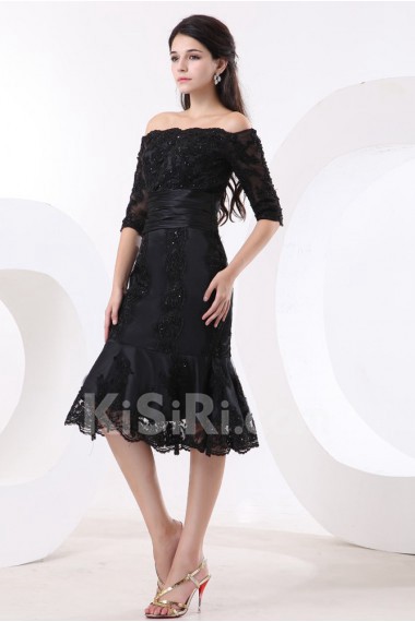 Taffeta and Lace Off-the-shoulder Short Mermaid Dress with Beaded and Half-Sleeves