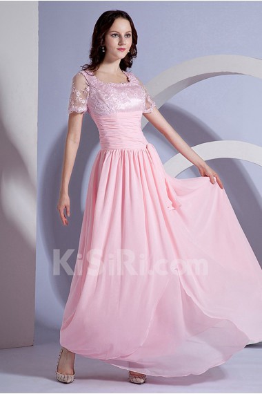 Chiffon Square Neckline Floor Length Dress with Embroidery and Short Sleeves