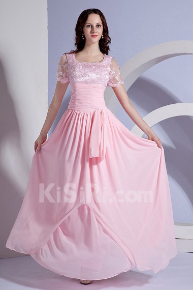 Chiffon Square Neckline Floor Length Dress with Embroidery and Short Sleeves