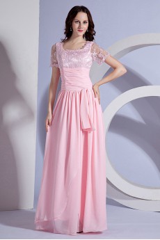 Chiffon Square Neckline Floor Length Dress with Embroidery and Short Sleeves