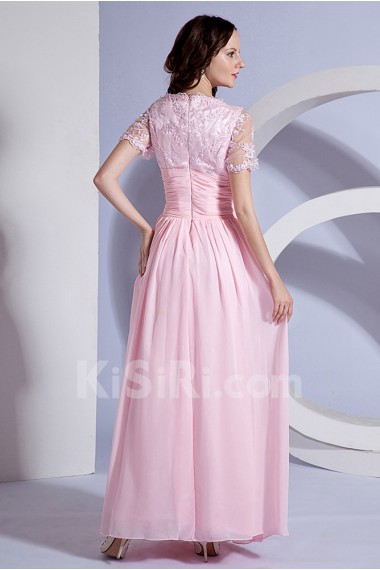 Chiffon Square Neckline Floor Length Dress with Embroidery and Short Sleeves