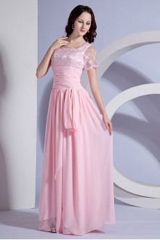 Chiffon Square Neckline Floor Length Dress with Embroidery and Short Sleeves