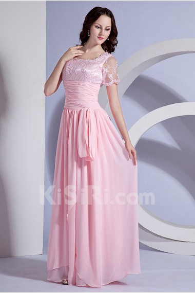 Chiffon Square Neckline Floor Length Dress with Embroidery and Short Sleeves